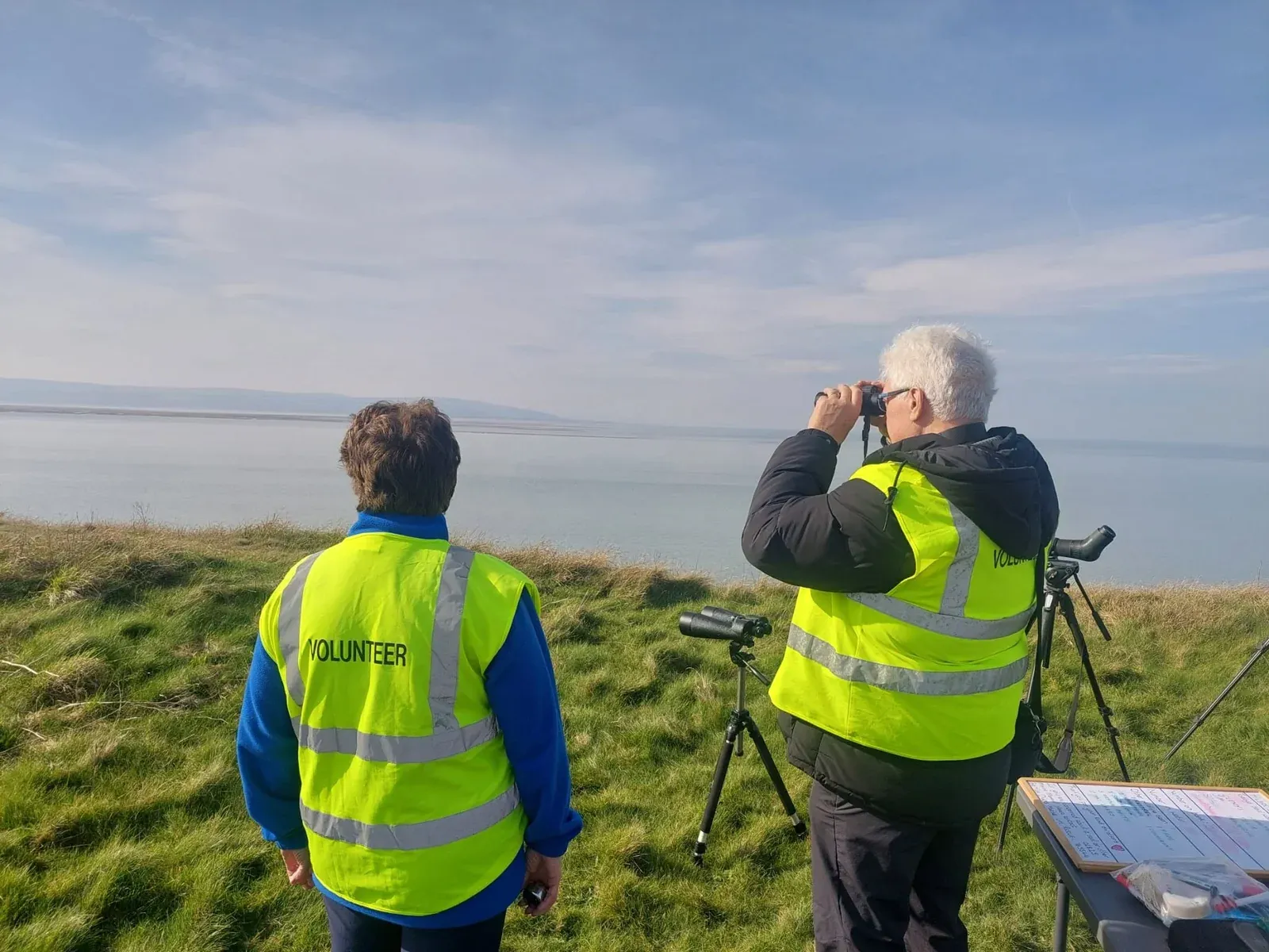 Two high-visibility volunteers surveying the island landscape