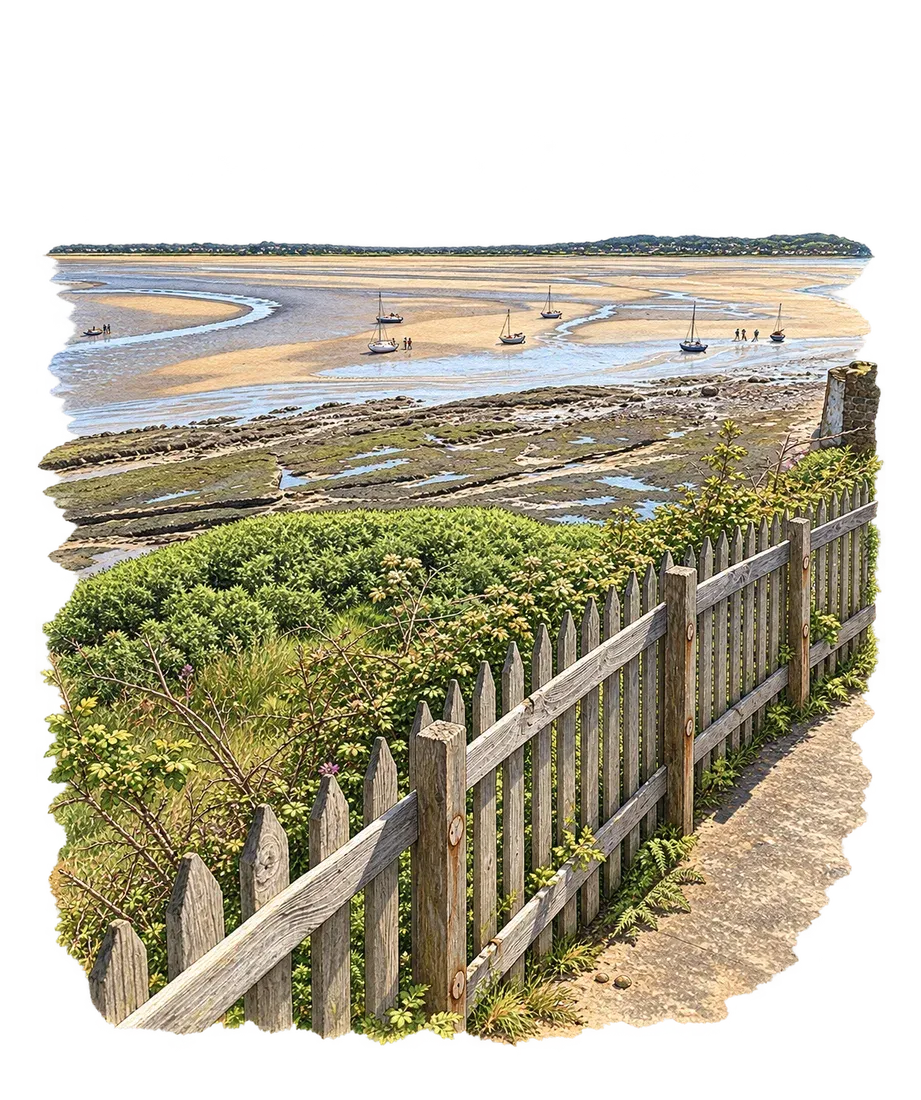Watercolour study of the estuary and tidal sands viewed beside the island fence