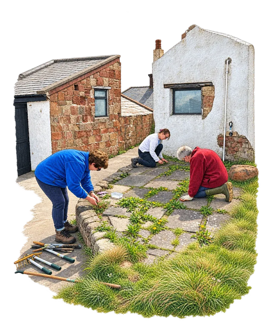 Watercolour study of volunteers carrying out practical grounds maintenance beside an island building