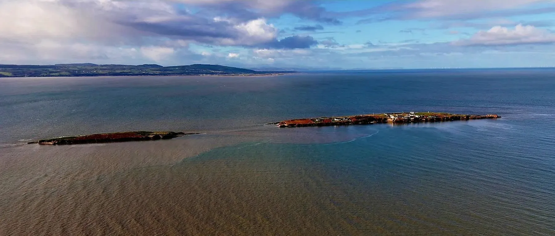 A wide aerial view of the Hilbre island chain surrounded by the Dee Estuary