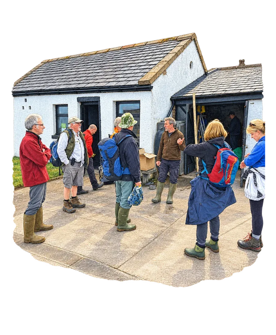 Watercolour study of visitors gathering outside an island building during an Open Day