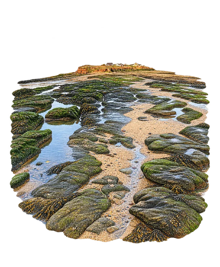 Watercolour study of low-tide rock pools, seaweed and wet stone