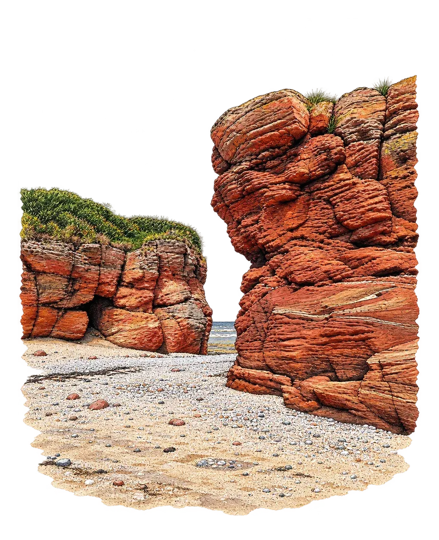 Watercolour study of a passage between weathered red sandstone outcrops