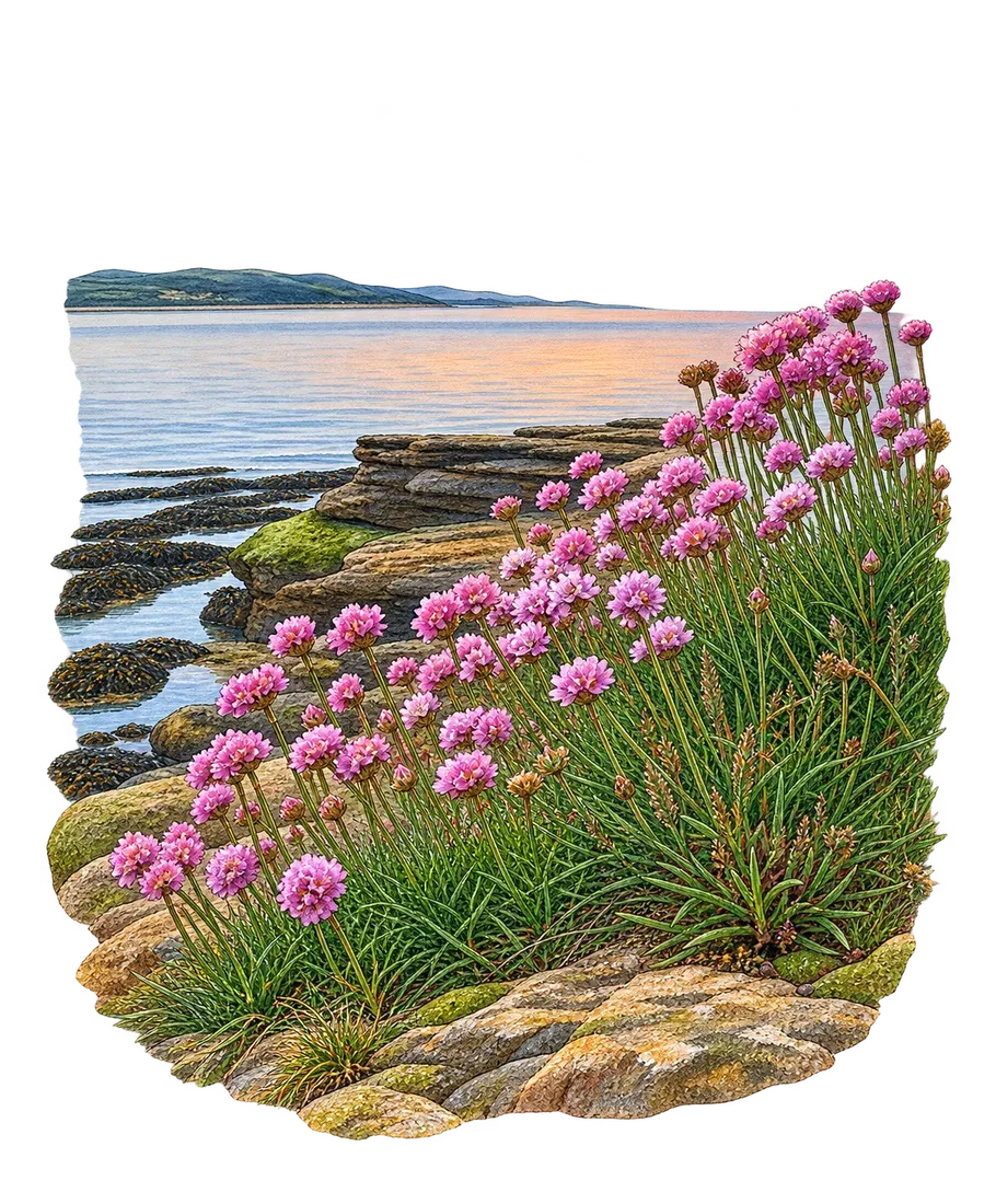 Watercolour study of sea thrift growing above the rocky shoreline