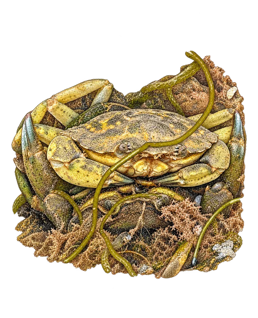 Watercolour study of a shore crab among seaweed and stones