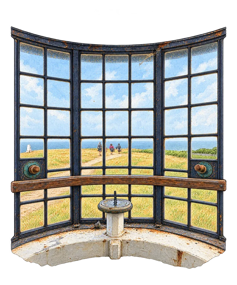 Watercolour study of the curved Telegraph Station viewing window and interior